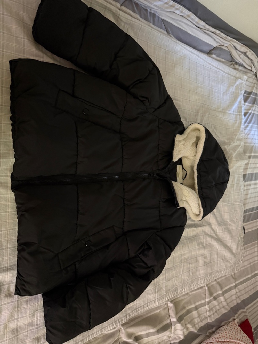 Madden Girl Black Puffer Jacket with Ivory Sherpa Hood